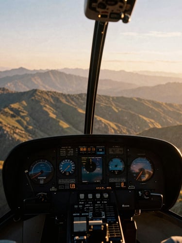 Wide panoramic view from a small aircraft cockpit, showing a mountain range at golden hour, controls in foreground, warm natural light, medium format film
