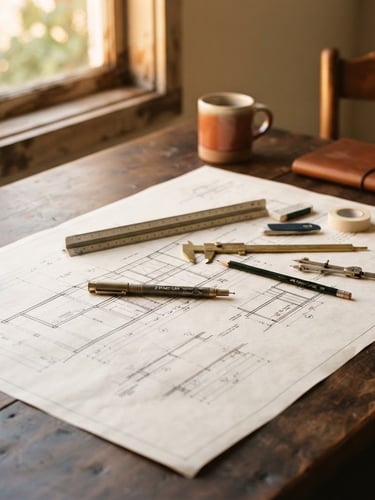 Clean, minimalist workspace with a blueprint or technical drawing on a desk, soft window light, rich earth tones, focus on precision tools