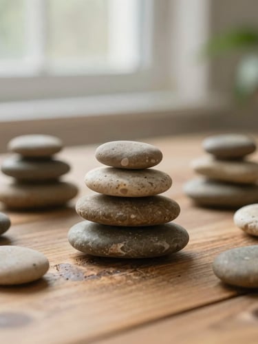 Close-up of smooth, warm river stones stacked neatly on a rustic wooden table, soft morning daylight, shallow depth of field, 35mm