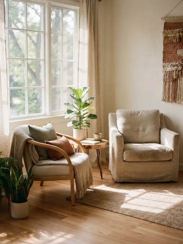 A sun-dappled, empty therapy space with natural wood, linen textures, soft morning window light, shallow depth of field, 35mm