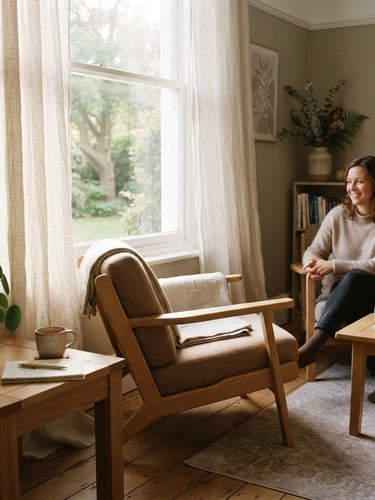 Soft morning window light filtering through linen curtains in a quiet therapy room, natural oak wood furniture, warm editorial photography, 35mm