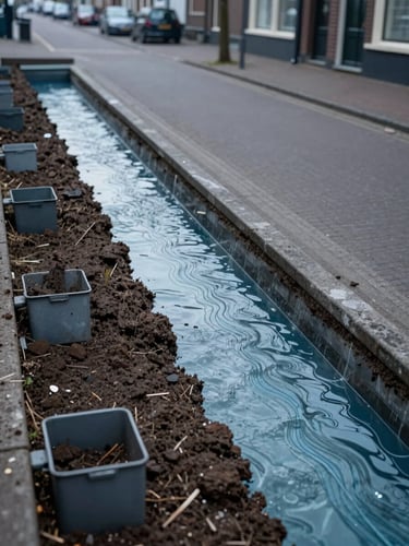 Technical CAD drawing of urban groundwater flows beneath a Dutch street, showing soil layers, infiltration crates, and water tables in cool blue and grey tones.