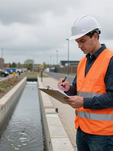 A Dutch civil engineer in a high-visibility orange safety vest reviewing technical water management plans on a clipboard next to a newly constructed urban bioswale under an overcast sky.