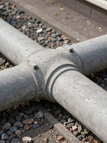 Detailed close-up of a newly installed concrete freedom-flow sewer pipe connection under a Dutch street, showing precise gravel bedding and technical joints