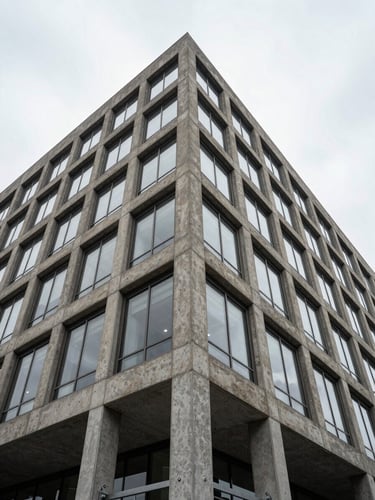 Wide architectural frame looking up the corner of a concrete and glass commercial building in the Pacific Northwest, sharp geometric lines converging toward overcast sky, high contrast daylight, structural steel joints visible in foreground detail, no people