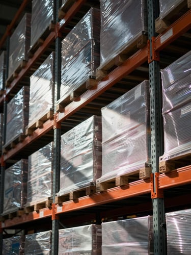 Extreme close-up architectural view of a warehouse shelving system, product units stacked in precise rows under cool fluorescent light, strong geometric shadow lines cutting diagonally across the frame, industrial infrastructure in sharp focus