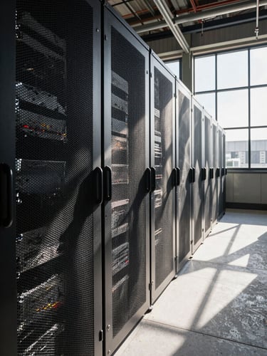 Wide environmental overhead shot of a server rack corridor, high-contrast daylight through narrow industrial windows casting sharp parallel shadow bars across the metal chassis, Portland Pacific Northwest industrial architecture visible through a far window, deep perspective lines receding to the right, 16:9 landscape crop