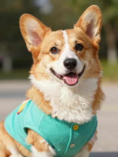 Eye-level medium close-up of a happy Pembroke Welsh Corgi wearing a colorful handmade teal shirt, warm natural daylight, vibrant tones