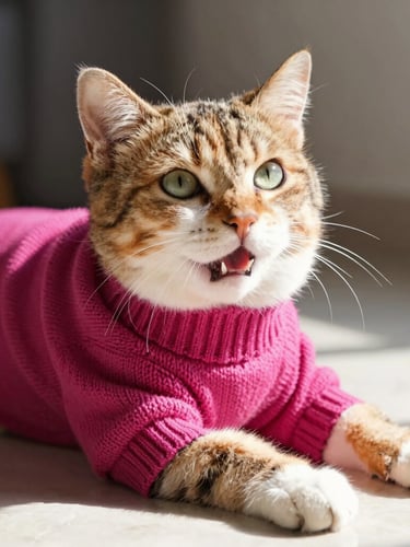 Close-up of a happy cat stretching comfortably while wearing a soft magenta knit sweater, warm natural light