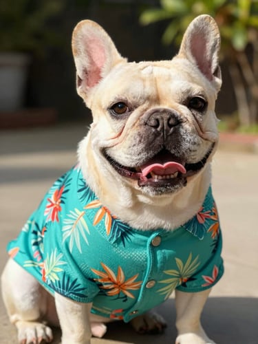 A happy French Bulldog sitting outdoors in warm natural daylight, wearing a vibrant teal tropical print shirt, eye-level medium close-up, 50mm lens