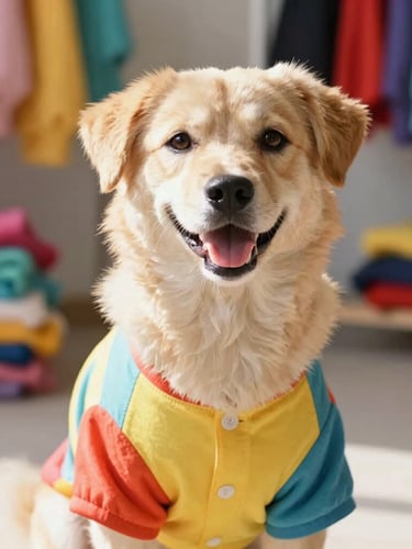 Eye-level medium close-up of a happy dog wearing a colorful handmade shirt, soft natural daylight, sewing workshop background with colorful fabrics