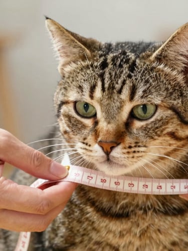 Eye-level medium close-up of a person gently measuring a calm tabby cat with a soft tape measure, warm natural light, focus on the hands and the cat's comfort