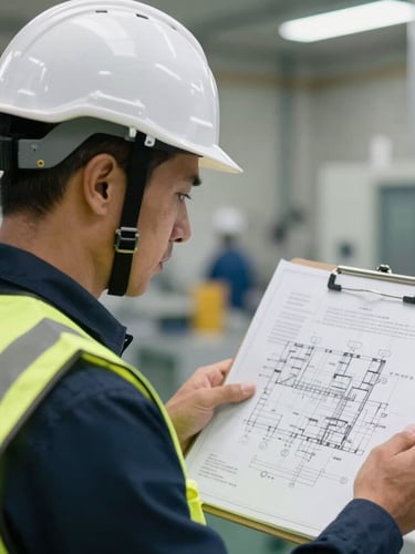 Close-up of a professional thermal engineer in a hard hat and safety vest examining blueprint schematics on a clipboard in a clean industrial plant