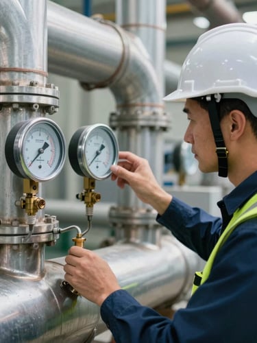 Close-up of a professional thermal engineer in a hard hat and safety vest inspecting a complex industrial HVAC manifold gauge, cool daylight, metallic textures.