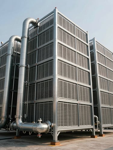 Wide angle shot of a massive industrial refrigeration rack with clean steel piping, cool daylight lighting emphasizing metallic textures, professional engineering setup.