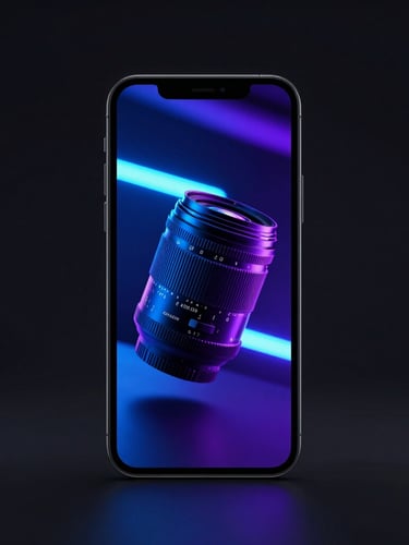 Sleek mobile device mockup displaying a dynamic video ad with vibrant neon blue glow, high-contrast dark studio setup, sharp 35mm lens