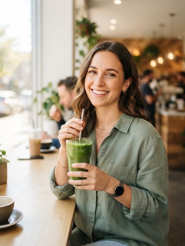 Bright daylight-filled portrait of a smiling active professional holding a green smoothie in a clean modern cafe, soft morning light, shallow depth of field, 35mm