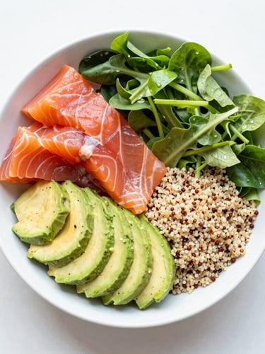 Overhead flat-lay of a vibrant healthy salmon bowl with avocado, quinoa, and fresh greens, bright daylight, 35mm