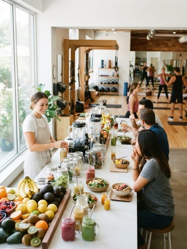 Bright natural daylight interior of a modern wellness hub, featuring a clean-eating cafe counter with fresh fruits on the left and a boutique gym floor with wooden accents in the background, high-key lighting, 35mm
