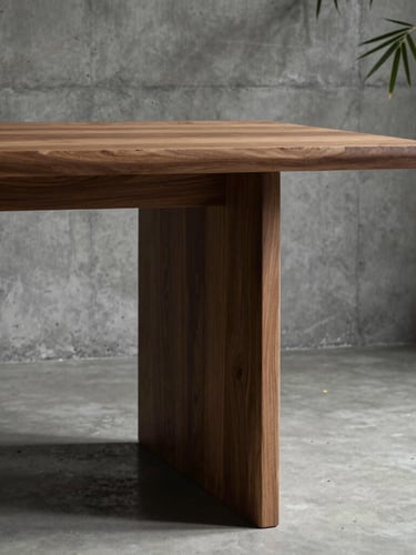 A vertical, high-contrast chiaroscuro photograph of a monolithic solid wood table corner in a raw concrete gallery. Deep shadows carve out the natural oak grain, with a subtle bamboo-green leaf shadow cast on the concrete wall behind.