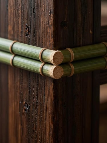 Extreme close-up of dark wood grain and a sharp bamboo green joinery detail under directional side-light, chiaroscuro, architectural framing
