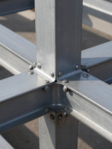 Industrial architectural photography, sharp daylight, close-up of freshly coated steel joints, high contrast metallic tones, 35mm lens