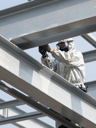 Technician in protective gear applying industrial coating to steel beams, high contrast daylight, sharp details