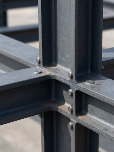 Sharp architectural close-up of industrial steel joints coated in protective dark charcoal finish, sharp daylight, high contrast metallic tones, crisp details, 35mm lens