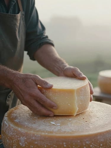 Close-up of hands of an local artisan cheese maker holding a wheel of golden Maroilles cheese, soft morning light, cinematic depth of field, 35mm film style