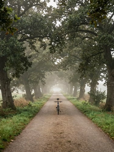 A quiet, empty winding cycling path cutting through the lush green bocage of Avesnois, soft morning mist rising from the wet grass, tall oak trees framing the path, atmospheric travel photography style.