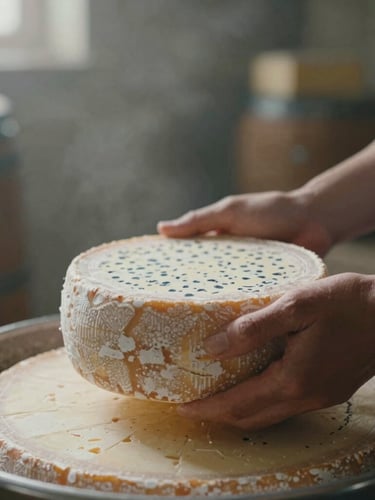 Intimate close-up of artisan hands holding a wheel of Maroilles cheese in a rustic cellar, soft side lighting, 35mm film style