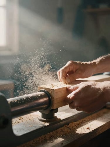 Close-up of hands shaping raw wood on a traditional lathe, sawdust flying in a soft sunbeam, warm moody workshop interior, 35mm film style