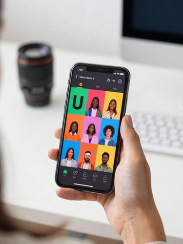 Over-the-shoulder view of a smartphone displaying a vibrant UGC video, bright natural daylight, modern workspace, 35mm lens