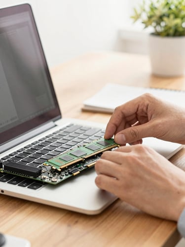 Bright natural daylight home office, a technician's hands neatly installing a RAM stick into a clean laptop motherboard on a wooden desk, close-up shot