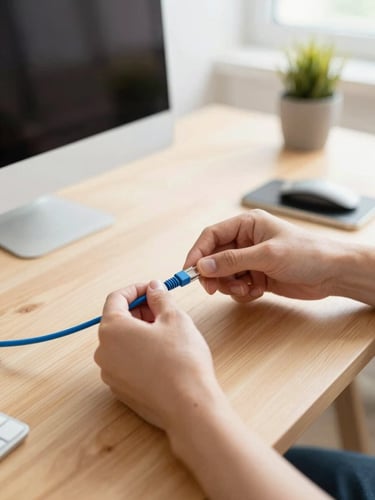 Bright natural daylight home office, a technician's hands neatly routing a blue ethernet cable behind a wooden desk, clean and organized workspace, shallow depth of field.