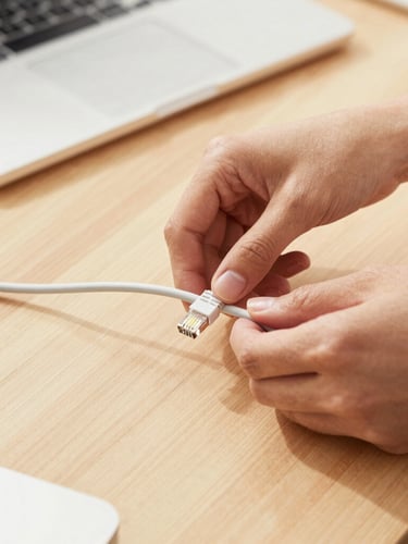 Bright editorial photography of hands neatly routing a white ethernet cable behind a modern wooden desk, warm inviting daylight, shallow depth of field
