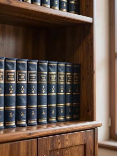 editorial interior photography of a dignified legal office in Cairo, warm wood tones, leather-bound Egyptian law books on a shelf, soft directional window light, shallow depth of field, 35mm