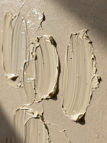 Warm editorial photography, extreme close-up of thick oil paint layers on a canvas, rich texture of brushstrokes, soft directional north-light, deep shadows, 35mm