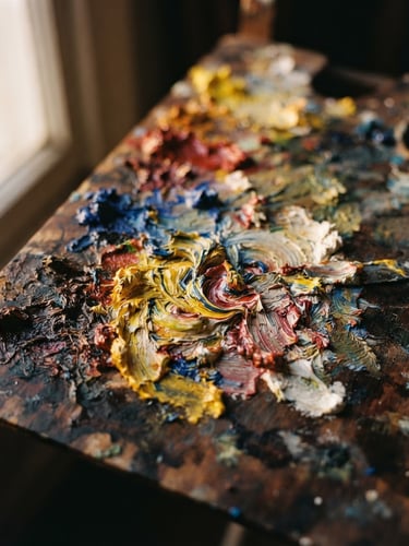 Extreme close-up of thick oil paint textures on a wooden palette, warm side-light, deep shadows, 35mm editorial photography