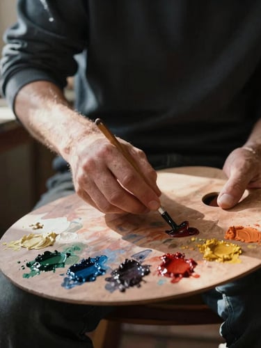 The artist in his dark-toned Paris atelier, preparing oil paints on a wooden palette smeared with rich pigments, soft natural north-facing daylight casting deep chiaroscuro shadows, classic editorial style