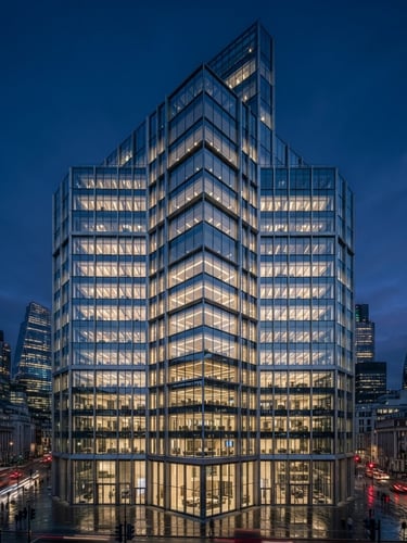 Wide-angle architectural shot of a modern financial skyscraper facade in London at blue hour, deep navy tones, sharp steel lines, soft gold window reflections, 35mm editorial corporate photography