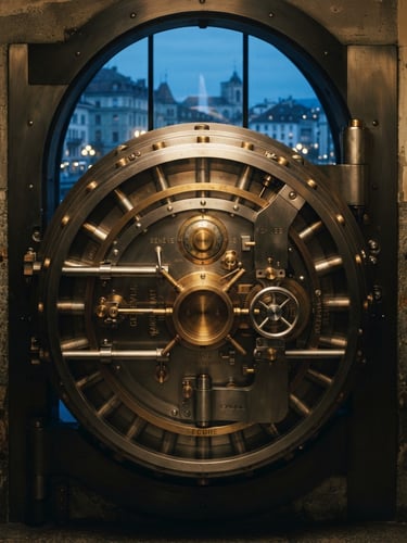 An architectural detail of a private heritage bank vault door in Geneva, soft golden light hitting polished steel and brass, cool blue-hour background, editorial corporate photography, 35mm
