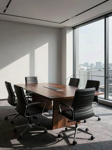High-contrast corporate boardroom in natural daylight, clean architectural lines, deep shadows, empty chairs around a dark wood table, minimalist executive setting.