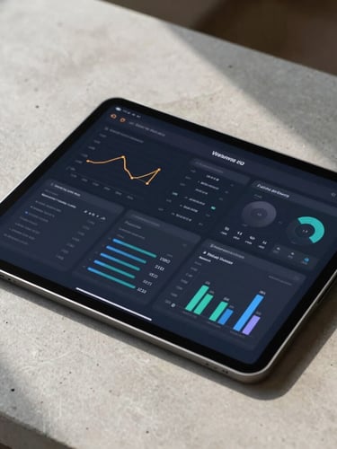 Close-up of a high-end tablet screen showing a clean, dark-themed software interface with data charts and employee metrics, resting on a minimalist concrete desk under natural side light