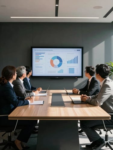 Mid-to-wide environmental shot of a modern boardroom in Mexico City, natural high-contrast daylight casting deep shadows, focused corporate leaders analyzing data on a clean screen, minimalist architectural office space.