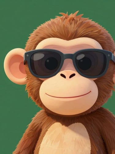 A friendly, stylized cartoon monkey wearing cool dark sunglasses, smiling warmly, isolated on a solid deep green background, minimalist modern vector style.