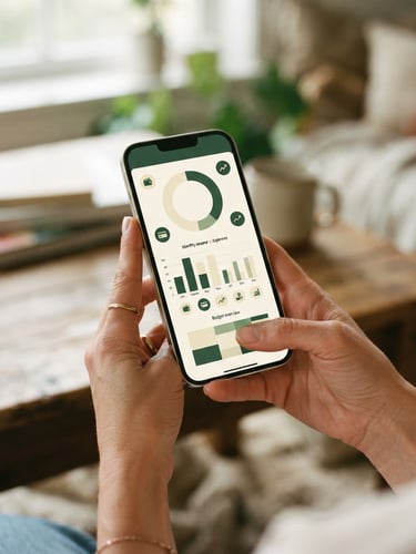 Close-up of hands holding a smartphone displaying a clean personal finance dashboard with warm cream and forest green interface, soft natural daylight, shallow depth of field