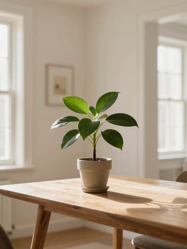 A beautiful lifestyle shot of a modern clean living room with soft daylight filtering through windows, a single plant on a wooden table, warm editorial photography