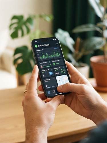 Close-up of hands holding a smartphone displaying a clean security dashboard, soft warm morning daylight, cream background, 35mm photography