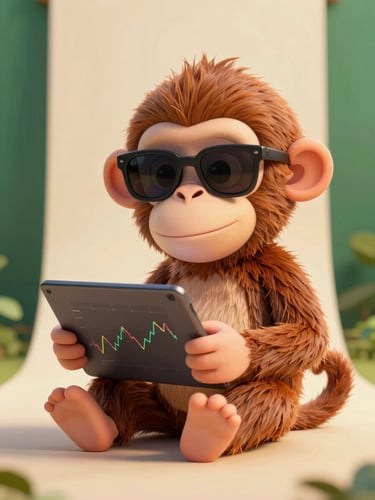 A friendly and stylish cartoon monkey wearing sunglasses, rendered in a warm premium 3D style, sitting comfortably with a tablet showing financial charts, rich cream background, soft lighting